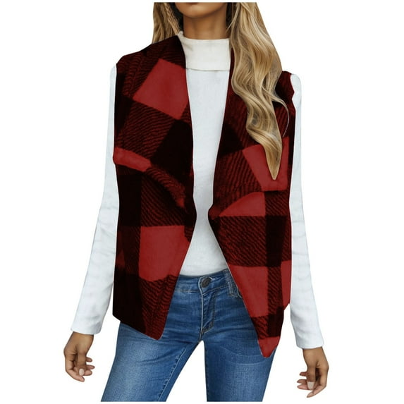 APEXFWDT Womens Buffalo Plaid Vest Casual Lapel Sleeveless Open Front Cardigan Jacket Coat for Women Warm Fleeve Fuzzy Vest