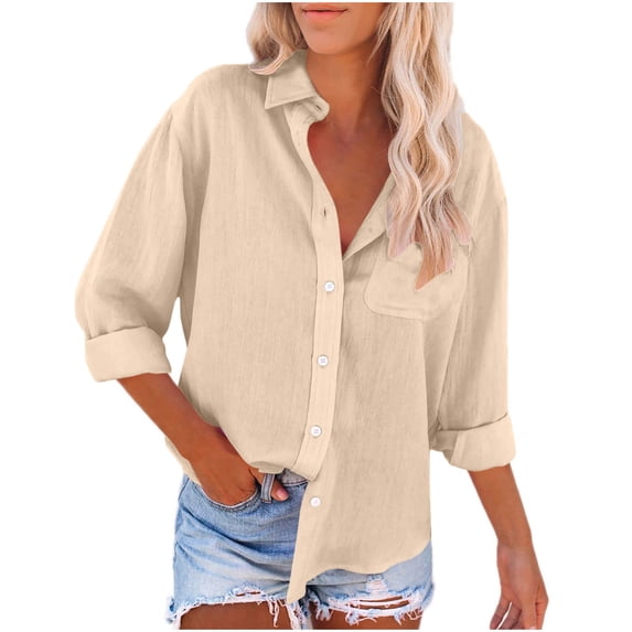 APEXFWDT Women's Cotton Linen Button Down Shirt Long Sleeve V Neck Loose Fit Casual Work Blouse