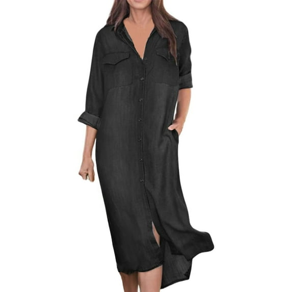 APEXFWDT Womens Casual Button Down Denim Maxi Dress M-5XL,Plus Size V Neck Long Sleeve Jean Dresses with Pockets Fashion Denim Shirt Dresses