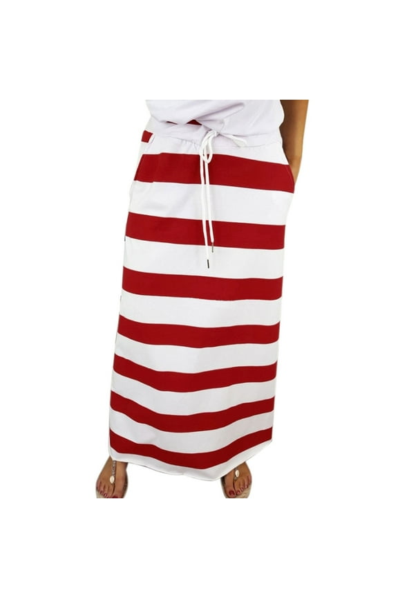 APEXFWDT Womens Casual Striped Skirts Drawstring Elastic Waist Midi Pencil Skirts Loose Straighted Daily Skirt