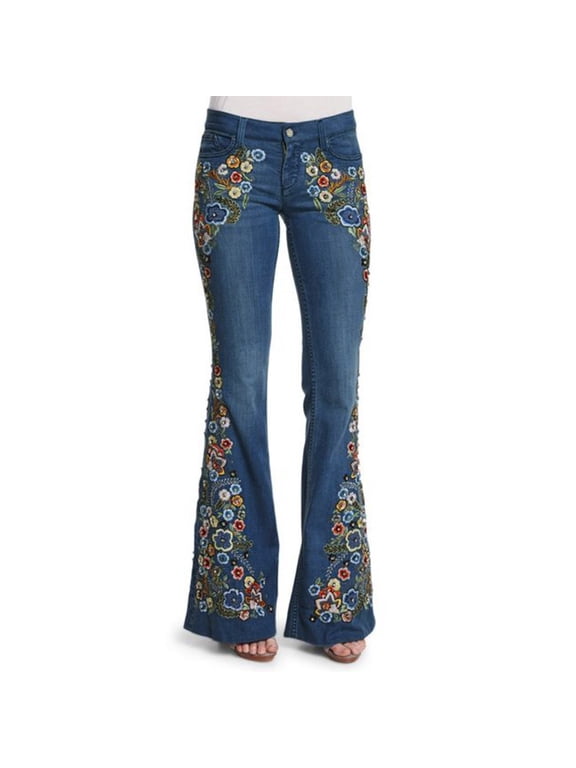 APEXFWDT Womens Chic Floral Embroidered High-Rise Bell Bottom Flare Jeans Plus Size Boot Cut Leg Long Denim Pants Vintage Denim Jean Pants