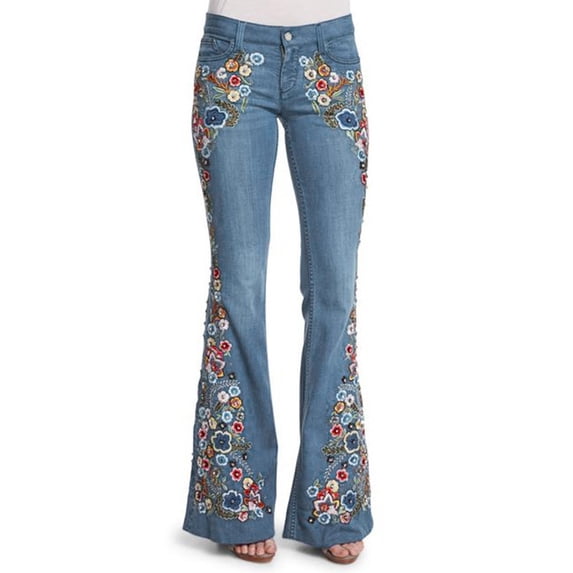 APEXFWDT Womens Chic Floral Embroidered High-Rise Bell Bottom Flare Jeans Plus Size Boot Cut Leg Long Denim Pants Vintage Denim Jean Pants