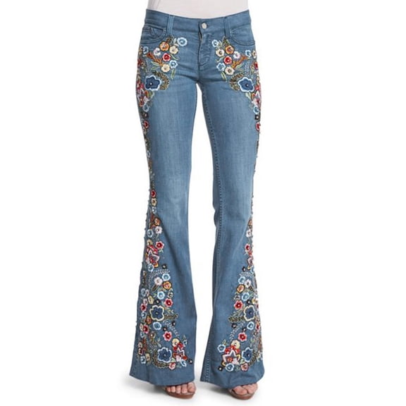APEXFWDT Womens Chic Floral Embroidered High-Rise Bell Bottom Flare Jeans Plus Size Boot Cut Leg Long Denim Pants Vintage Denim Jean Pants
