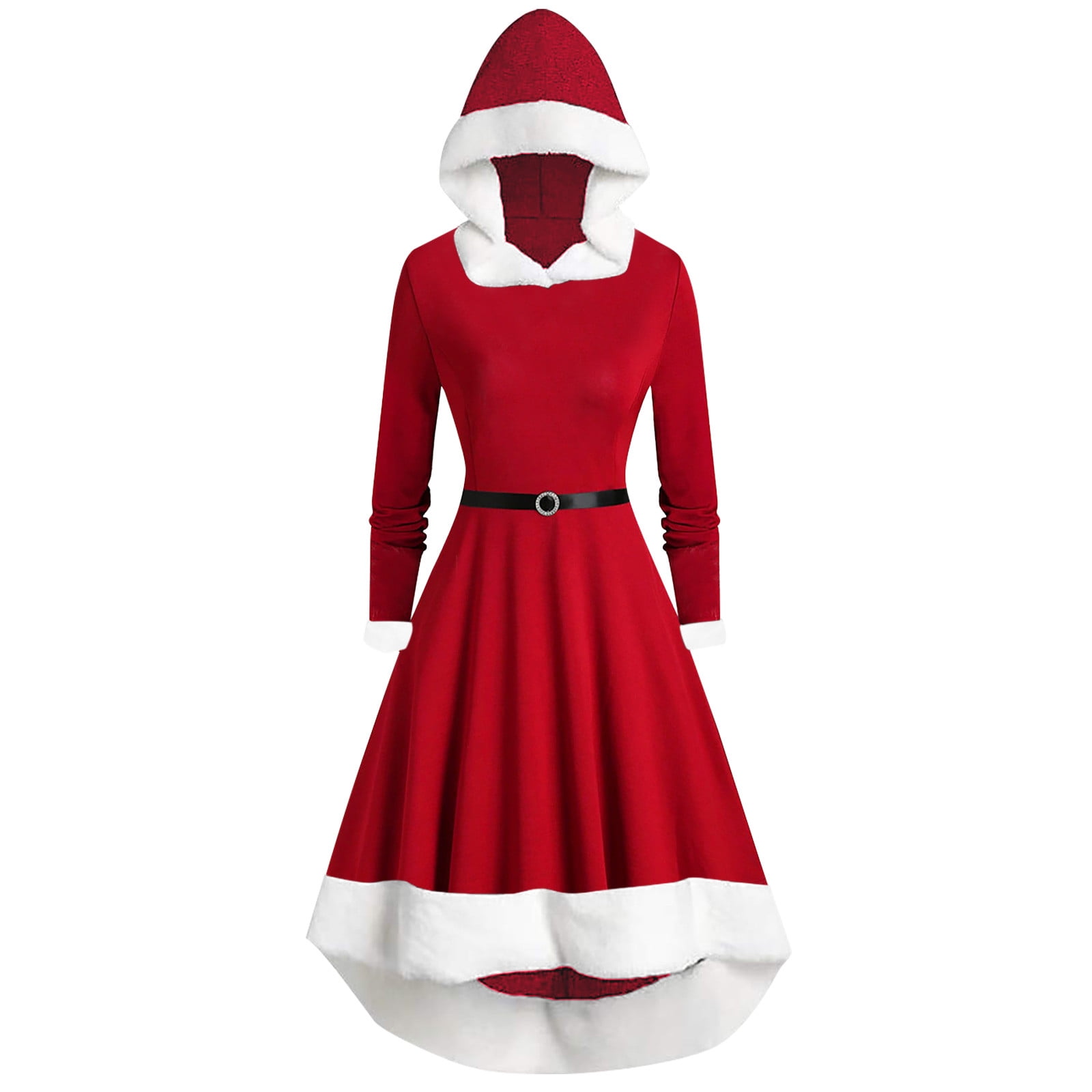 APEXFWDT Womens Christmas Dresses with Hood Furry Trim Dress Mrs Santa ...