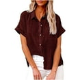 thumbnail image 1 of APEXFWDT Womens Cotton Linen Button Down Shirt Plus Size Casual Short Sleeve Loose Fit Collared Work Blouse Tops with Pocket,M,Wine, 1 of 7