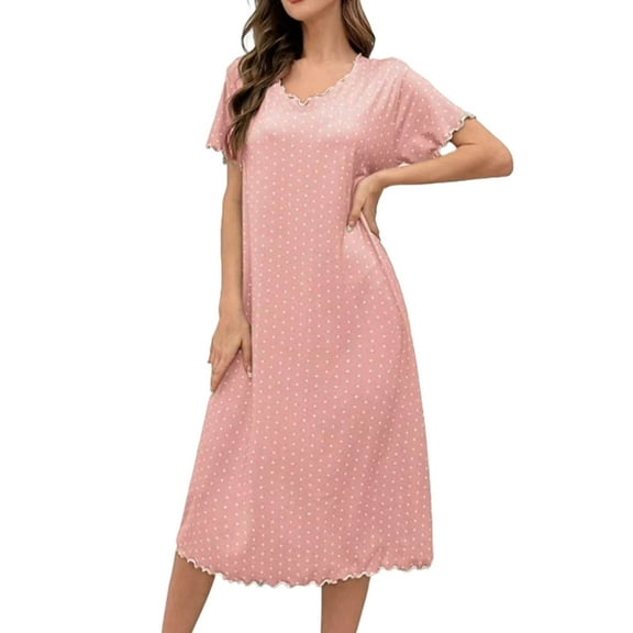 APEXFWDT Womens Dot Print Nightgown - Retro Polka Dot Dress Short Sleeve Midi Sleep Dress Crewneck Sleepshirt Dress