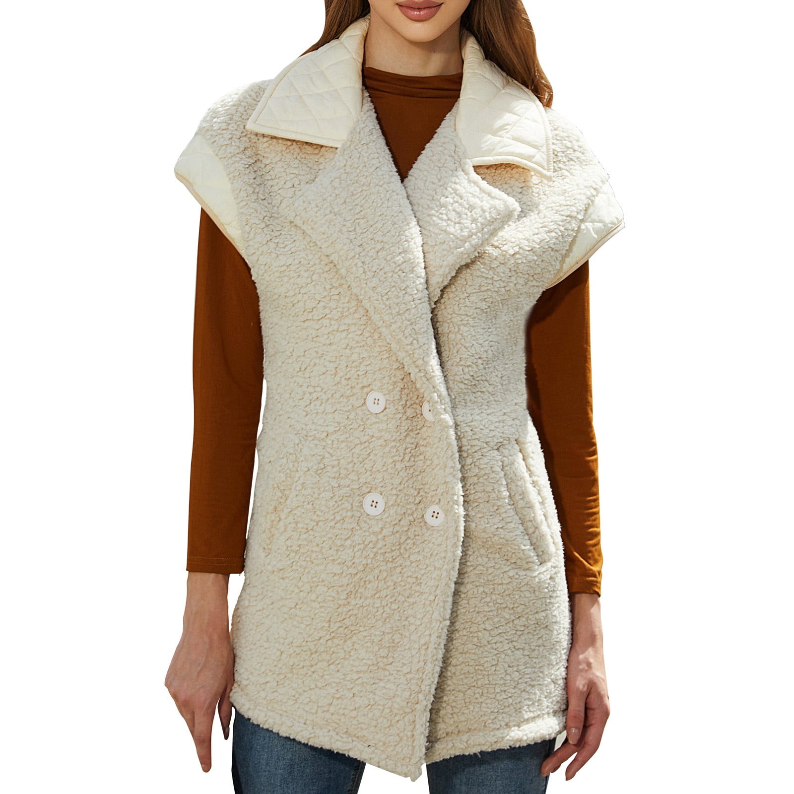 APEXFWDT Womens Fuzzy Fleece Vest Oversized Warm Button Down Sherpa Faux  Shearling Vest Casual Sleeveless Jacket with Pockets 