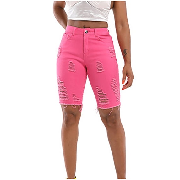APEXFWDT Womens High Rise Bermuda Denim Jean Shorts Raw Hem Stretch Distressed Ripped Denim Shorts Casual Slim Summer Short Pants