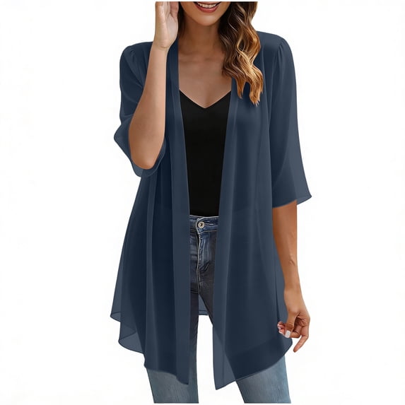 APEXFWDT Womens Kimono Beach Cover Up Chiffon Cardigan Summer Tops Casual Loose Sheer Open Front Cardigan,S,Navy