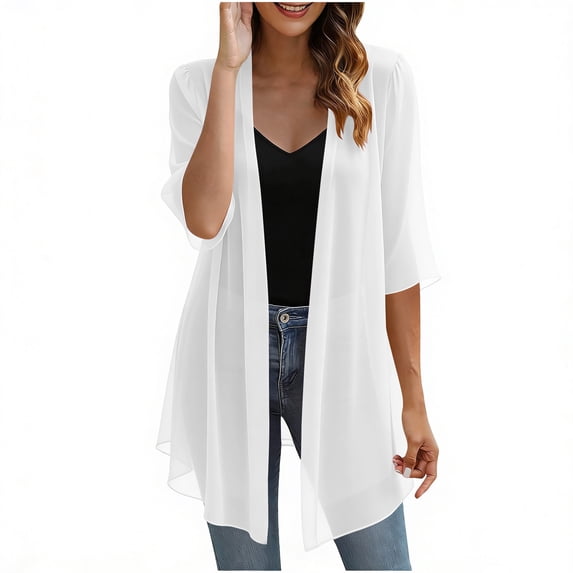 APEXFWDT Womens Kimono Beach Cover Up Chiffon Cardigan Summer Tops Casual Loose Sheer Open Front Cardigan,S,White