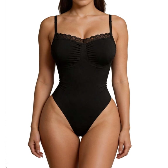 APEXFWDT Womens Lace Trim Bodysuit Square Neck Tank Top Spaghetti Strap Camisole Body Suit Slimming Body Shaper,M,Black