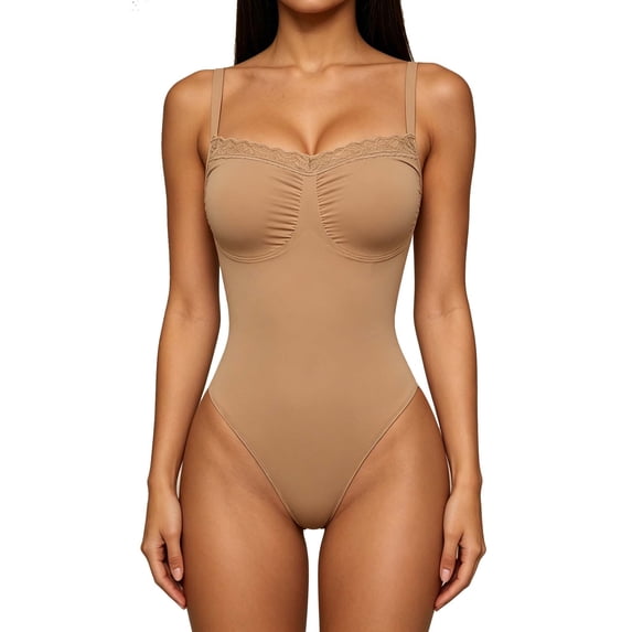 APEXFWDT Womens Lace Trim Bodysuit Square Neck Tank Top Spaghetti Strap Camisole Body Suit Slimming Body Shaper,S,Khaki