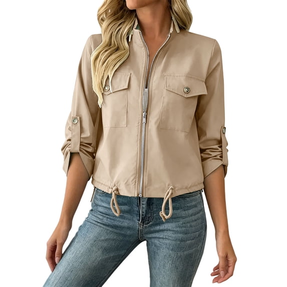 APEXFWDT Womens Lightweight Cropped Jackets Zip Up Roll Tab Sleeve Utility Jackets Drawstring Hem Casual Outerwear with Pockets,S,Khaki