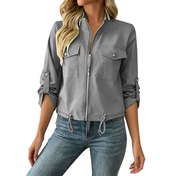 APEXFWDT Womens Lightweight Cropped Jackets Zip Up Roll Tab Sleeve Utility Jackets Drawstring Hem Casual Outerwear with Pockets,XL,Gray