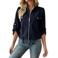 thumbnail image 1 of APEXFWDT Womens Lightweight Cropped Jackets Zip Up Roll Tab Sleeve Utility Jackets Drawstring Hem Casual Outerwear with Pockets,XL,Navy, 1 of 8