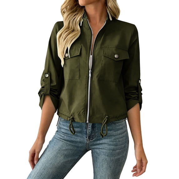 APEXFWDT Womens Lightweight Cropped Jackets Zip Up Roll Tab Sleeve Utility Jackets Drawstring Hem Casual Outerwear with Pockets,XXXL,Army Green
