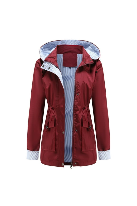 Womens Lightweight Hooded Jacket Elastic Waist Active Outdoor Rain Jacket for Travel Hiking Mid-Long Windbreaker Jacket