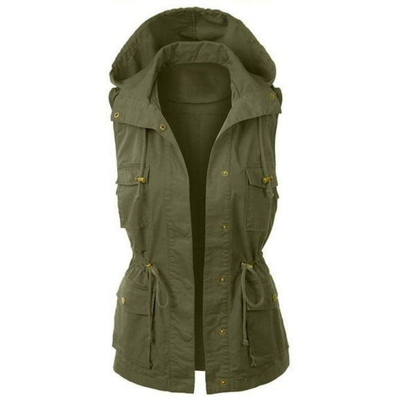 APEXFWDT Womens Lightweight Sleeveless Military Anorak Cargo Vest Hooded Vests Outerwear Button-Down Elastic Waist Multi Pockets Waistcoat Jacket