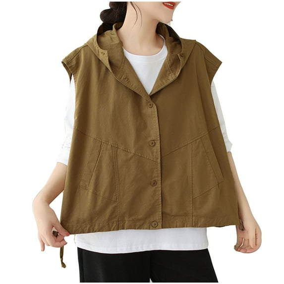 APEXFWDT Womens Lightweight Sleeveless Vest Casual Loose Button Down Hooded Vest Spring Outdoor Baggy Drawstring Jackets with Pockets