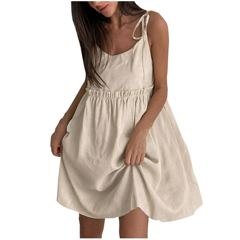 APEXFWDT Womens Linen Babydoll Dress Sleeveless Lace-up Strap Scoop Neck  Casual Short Dresses Vintage Loose Fit Summer A Line Dress - Walmart.com