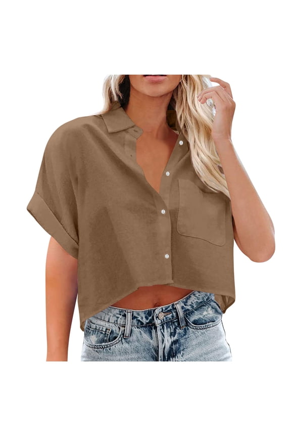 APEXFWDT Womens Linen Cropped Shirt Casual V Neck Collared Button Down Shirts Solid Short Sleeve Blouse Tops Summer Beach Tops