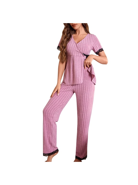 APEXFWDT Womens Maternity Nightwear Set V-Neck Top Stretch Ruched Tee & Lace Trim Pants Breathable Pregnancy Pajamas S-XL
