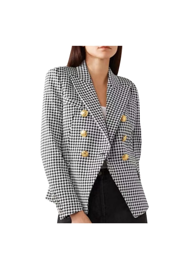 APEXFWDT Womens Plaid Double Breasted Blazers Jackets Casual Long Sleeve Tweed Open Front Jackets Slim Fit Work Suits