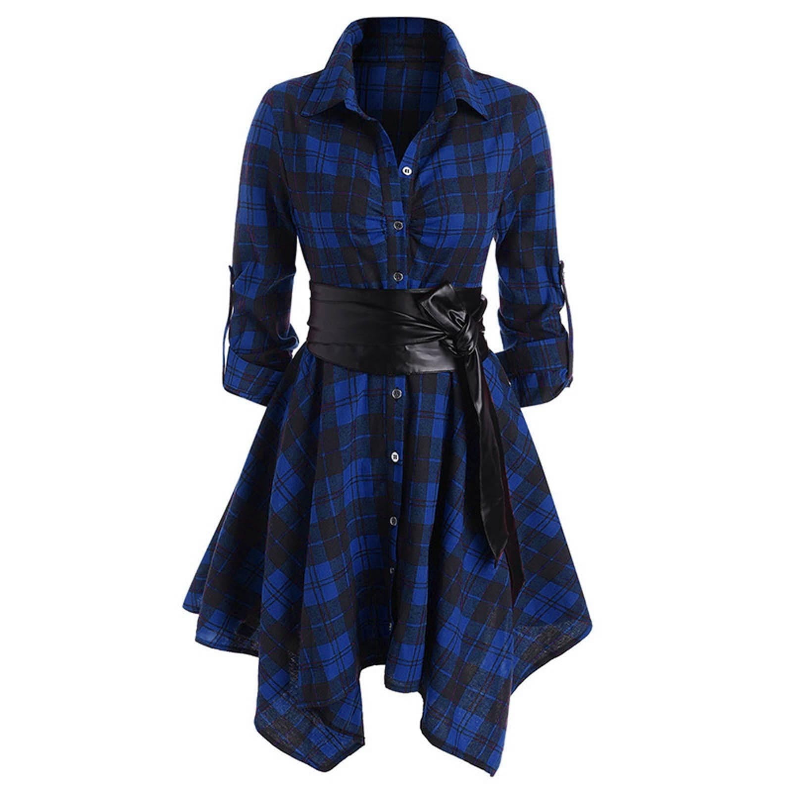 APEXFWDT Womens Plaid Dresses Button Down Flannel Dress with Belt Long  Sleeve Roll-up Sleeve Plaid Pattern Tunic Tops Shirt Casual Dress Blue  Large - Walmart.com