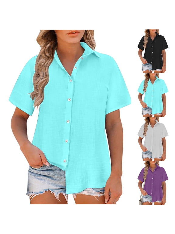 Womens Plus Size Casual Button Down Shirts Short Sleeve Cotton Linen V Neck Summer Plain Top Office Blouses Tshirt S-5XL