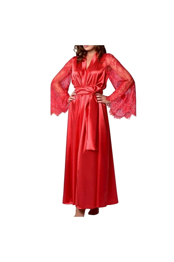 Womens Plus Size Satin Robe S-5X - Lace Flared Sleeve Kimono Bathrobe with Belt Lounge Wear for Women