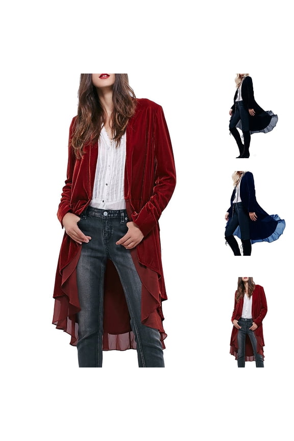 APEXFWDT Womens Ruffled Long Velvet Blazers Coat Long Sleeve Asymmetric Casual Cardigan Jackets Fashion Vintage Open Front
