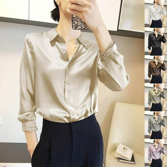 APEXFWDT Womens Satin Silk Button Down Shirts Silky Long Sleeve Business Work Shirt Dress Blouses Tops for Women Casual Collared Office Tops,L,Purple
