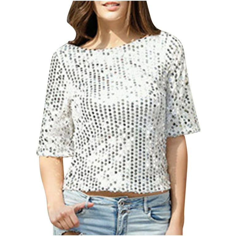 APEXFWDT Womens Sequin Blouse Tops Half Sleeve Crewneck Shiny