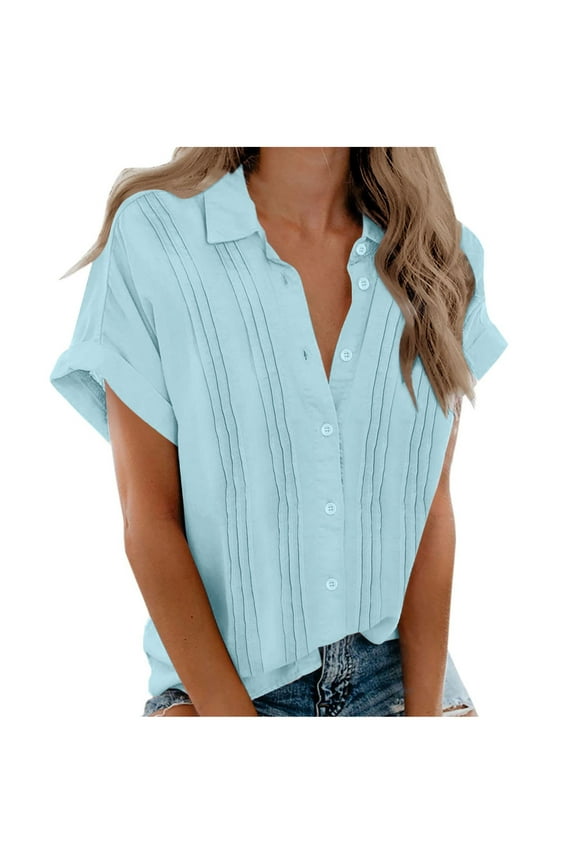 Womens Short Sleeve Shirts Casual Collared Button Down Shirt V Neck Summer Tops Casual Business Work Blouses M-3XL
