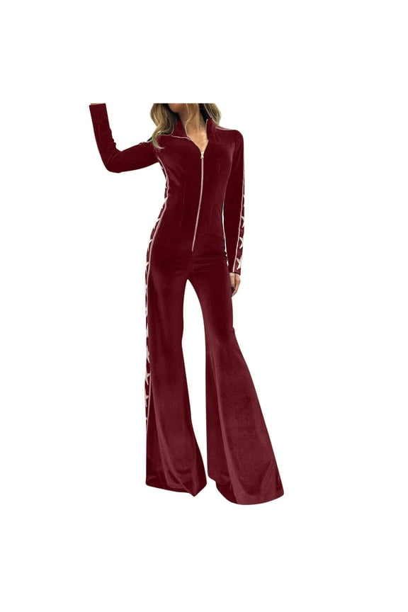 APEXFWDT Womens Velour Sweatsuits Sets One Piece Jumpsuit Outfits Zip-up Top and Flare Pants for Women Stylish Casual Velvet Long Sleeve Romper M,Red