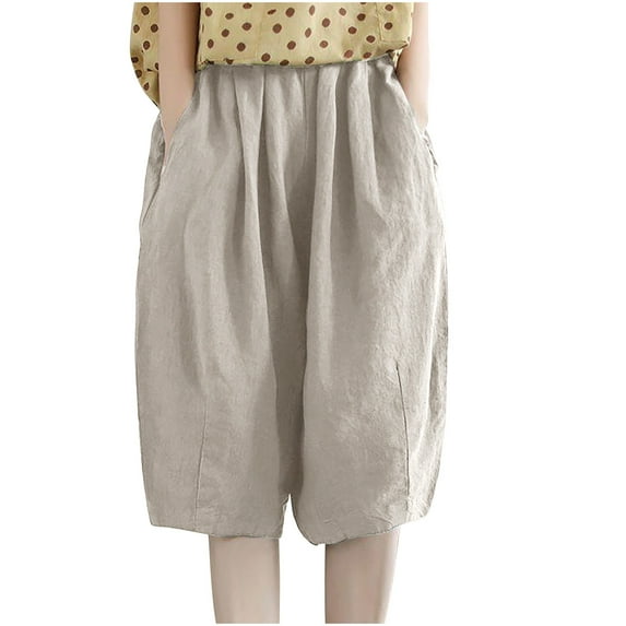 APEXFWDT Womens Wide Leg Cotton Linen Shorts Comfy Bermuda Shorts Knee Length Summer Loose Casual Short Pants with Pockets