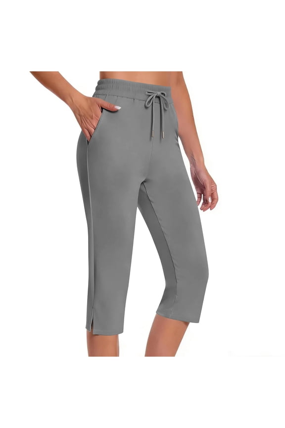 Womens Workout Capri Pants High Waisted Straight Leg Yoga Capris with Pockets Crop Pants,XXL,Gray