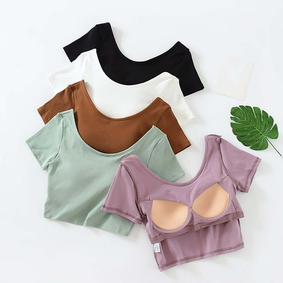 APEXFWDT Womens Workout Crop Tops Short Sleeve T-Shirt Tops with Built in Bra for Women Slim Fit Solid Comfy Shirt