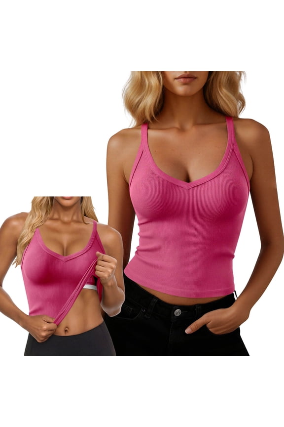 Workout Tank Tops for Women Racerback Basic Tanks Ribbed V Neck Summer Camisole,L,Hot Pink
