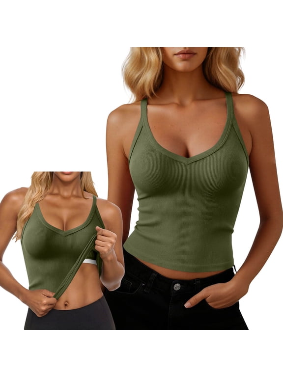 Women's Ribbed Cropped Cami Tank Top, V Neck Sleeveless Slim Fit Padded Top with Built-in Bra for Daily Workout