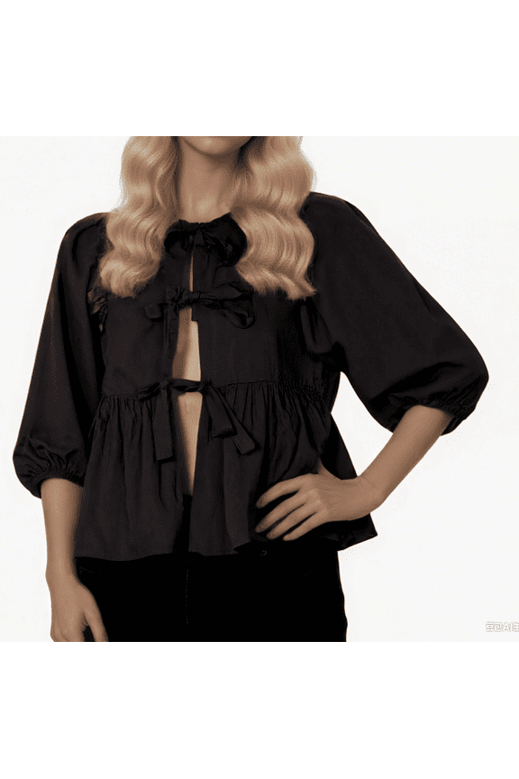 APEXFWDT Y2k Peplum Tie Up Blouses Women Ruffle Trim Babydoll 3/4 Sleeve Tops Open Front Going Out Shirt,S,Black
