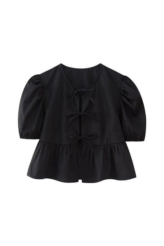 APEXFWDT Y2k Peplum Tie Up Blouses Women Ruffle Trim Babydoll Puff Short Sleeve Tops Open Front Going Out Shirt