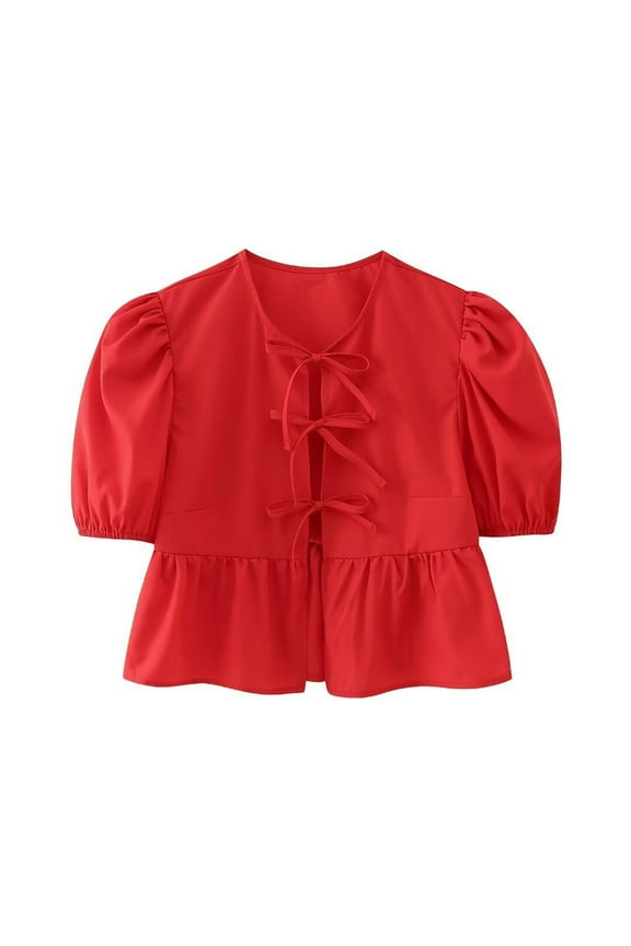 APEXFWDT Y2k Peplum Tie Up Blouses Women Ruffle Trim Babydoll Puff Short Sleeve Tops Open Front Going Out Shirt