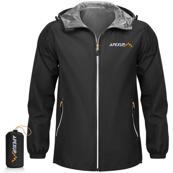 APEXUP Packable Rain Jacket, Waterproof Lightweight Hooded Raincoat with Reflective, Large