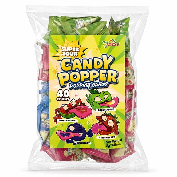 APEXY Super Sour Popping Candy, Assorted Watermelon, Strawberry, Blueberry and Green Apple Flavors, Individually Wrapped Mini Pouches for Party Favors and Goodie Bags, 40 Count, 4.23 oz