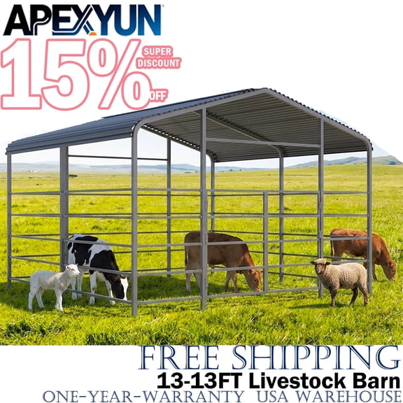 APEXYUN 13x13ft Heavy Duty Livestock Shelter, Galvanized Steel Corral Run-in Shed for Cattle & Horses, All-Weather Metal Pasture Pen with Roof, 90 mph Wind Rated & 35 psf Snow Load, Dark Gray