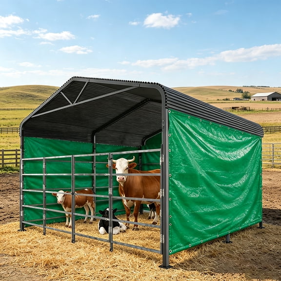 APEXYUN 13x13ft Heavy Duty Livestock Shelter, Galvanized Steel Horse Run-In Shed with Roof for Cattle, Horses & Sheep, 90 MPH Wind Rated, 35 PSF Snow LoadFree Tarp Includ)