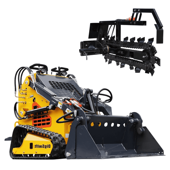 APEXYUN Mini Skid Steer Loader Stand-On Tracked 24HP RATO Gasoline Engine Triangle Tracks 3-Pump 3-Valve Hydraulic System 4-in-1 Bucket Included Trencher Tracked Compact Utility Loader