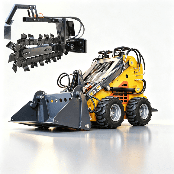 APEXYUN Mini Skid Steer Loader Stand-On Wheeled 24HP RATO Gasoline Engine 3-Pump 3-Valve Hydraulic System 4-in-1 Bucket Included with Trencher