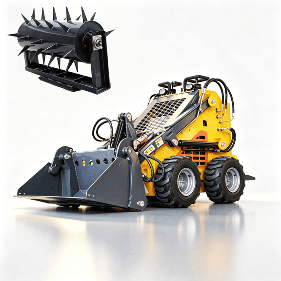 APEXYUN Mini Skid Steer Loader Stand-On Wheeled 24HP RATO Gasoline Engine 3-Pump 3-Valve Hydraulic System 4-in-1 Bucket Included with Turf Aerator